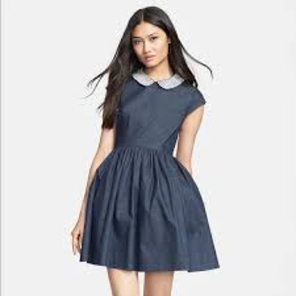 NWT Kate Spade Kimberly Rhinestone Peter Pan Collar Denim Keyhole Mini Dress